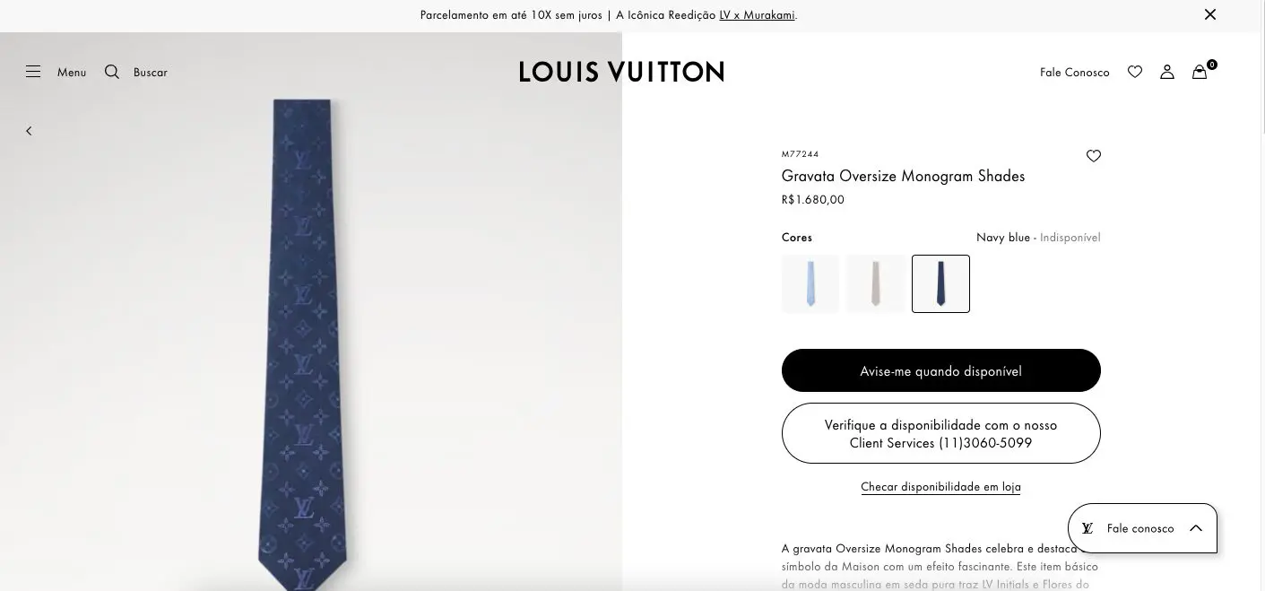 Gravata usada pelo presidente Lula conforme oferta do site da Louis Vuitton
